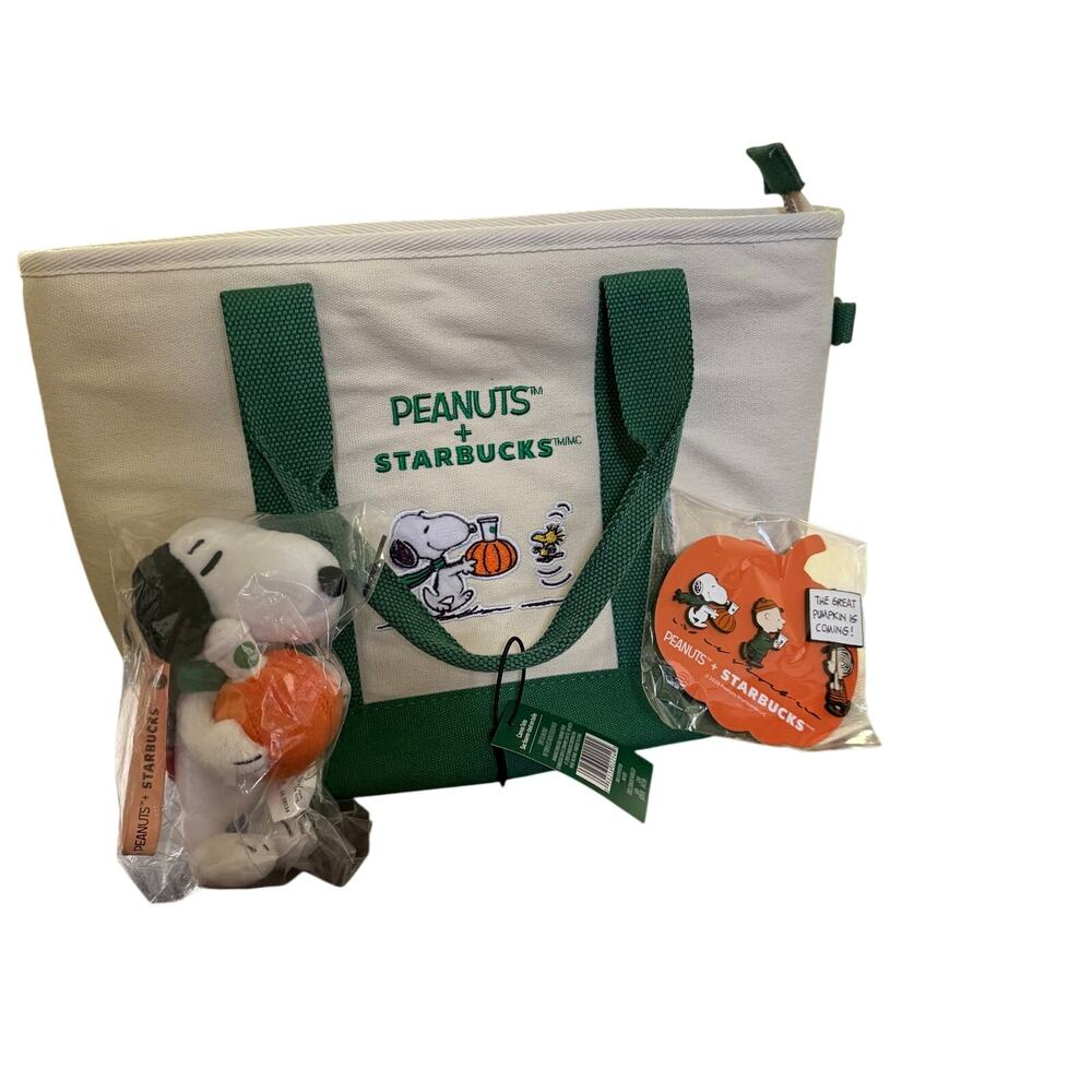 Starbucks x Peanuts Snoopy Tote Bag, Pins & Sealed Bag Charm Set — Brand New